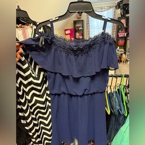 Iz Byer Navy One-Shoulder Ruffle Dress with Lace Trim